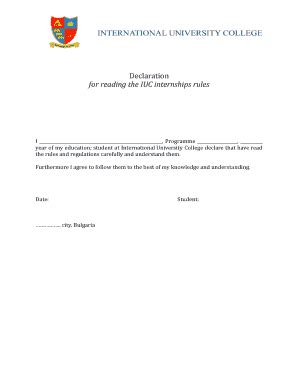 Fillable Online Declaration For Reading The IUC Internships Rules Fax