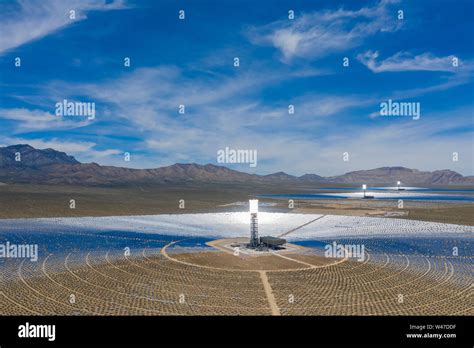 Aerial view of the solar tower of the Ivanpah Solar Electric Generating ...