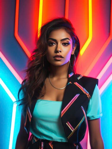 Premium AI Image Beautiful Latina Woman Model Posing In Front Of Neon Signs