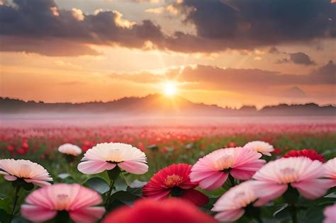 Premium Photo Sunset Over A Field Of Pink Flowers