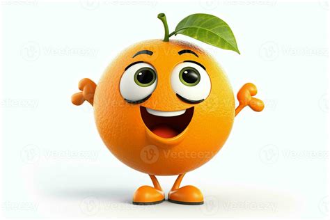 Cartoon Character Of Orange With Green Leaf On White Background D