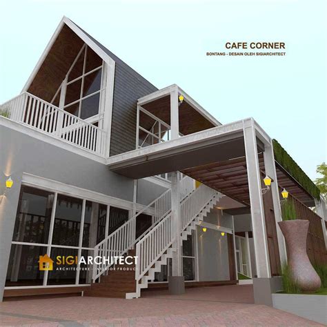 Desain Cafe Corner Modern Minimalis 2 Lantai Hook