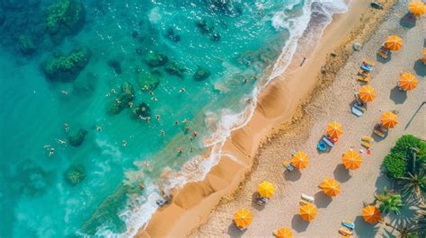 Premium Photo Aerial View Of Sunny Beach With Colorful Umbrellas And