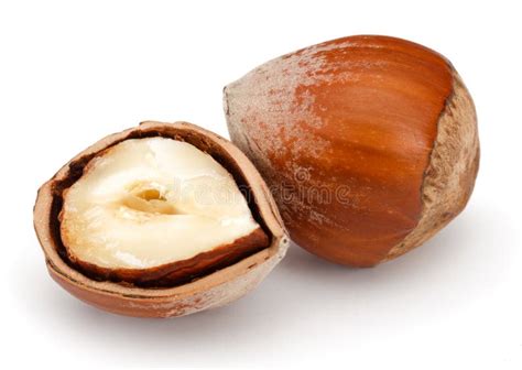 Two And Half Hazelnuts With Skin And Green Leaves On White Closeup