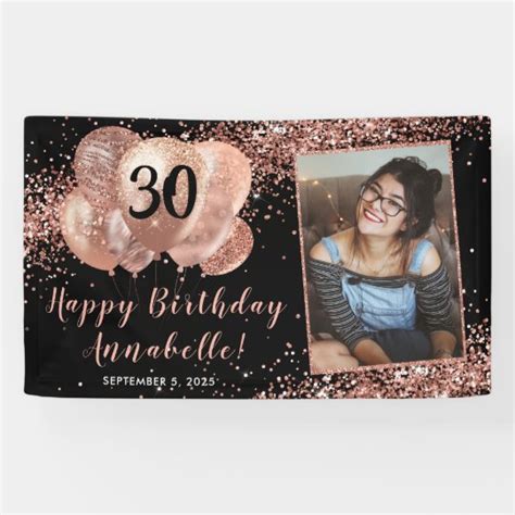 Black Rose Gold Glitter Balloon Photo Birthday Banner Zazzle