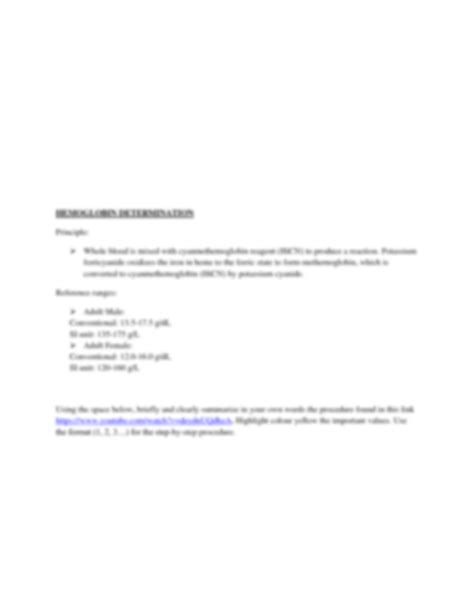 SOLUTION Hematocrit Hemoglobin And Esr Determination Studypool