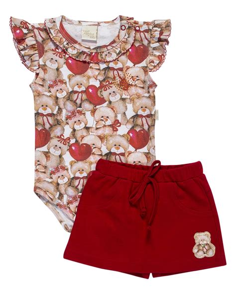 Conjunto Natal Body Bebê Manga Curta Menina Short 100 Algodão