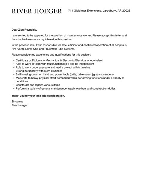 Maintenance Worker Cover Letter Velvet Jobs