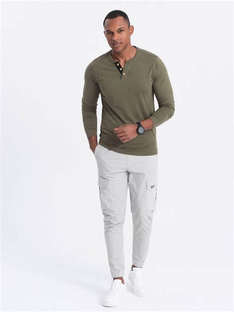 Men S Longsleeve With Buttons At The Neckline Dark Olive V1 OM LSCL