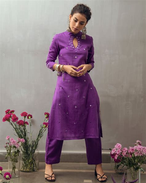 Purple Mirror Embroidered Collared Kurta By Gulaal The Secret Label