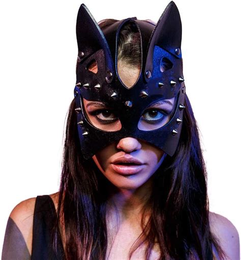 YEKKU Halloween Sexy Cat Mask Cosplay Cat PU Leather Rivet Mask Cat