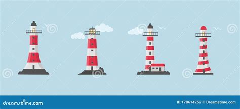 Sea Beacons Coast Lighthouse With Searchlight Beam Cartoon Navigation