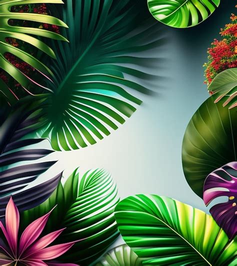 Un Fondo Tropical Con Un Cielo Azul Y Una Hoja Verde Con Una Flor Roja