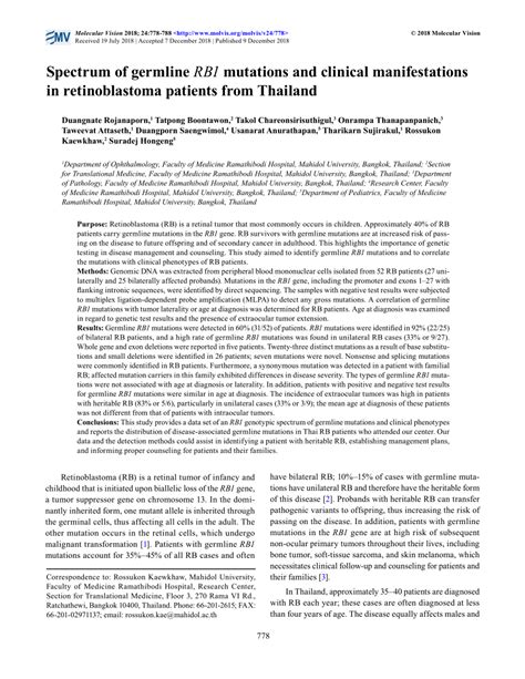 PDF Spectrum Of Germline RB1 Mutations And Clinical Manifestations In