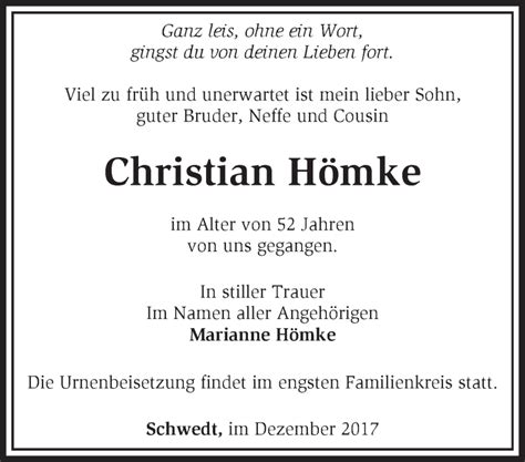 Traueranzeigen von Christian Hömke Märkische Onlinezeitung Trauerportal