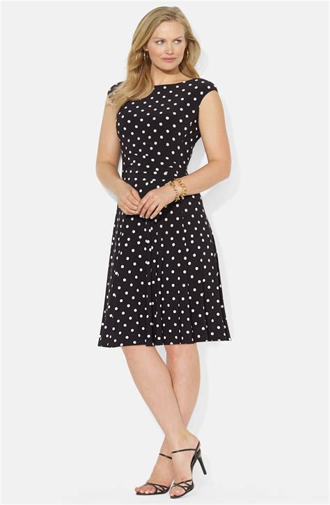 Lauren Ralph Lauren Polka Dot Boat Neck Stretch Jersey Dress Plus Size