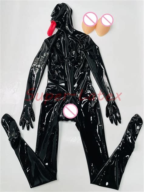 Latex Gummi Catsuit Full Cover Latex Unitard Silicone Breast Three