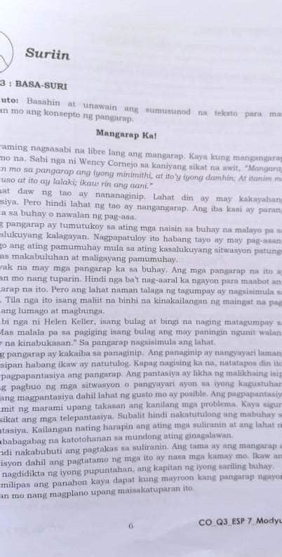 Pamprosesong Tanong Ano Ang Pangarap Ayon Sa Binasa Mong Teksto