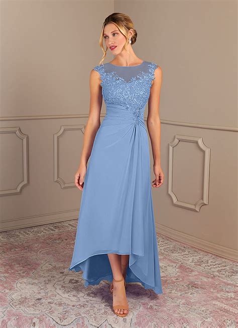 Steel Blue Azazie Endora A Line Scoop Lace Chiffon Asymmetrical Dress