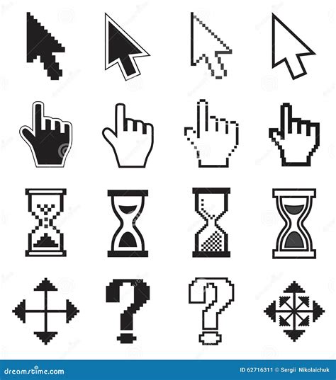 Pixel Cursors Icons Arrow Hourglass Hand Mouse Stock Vector