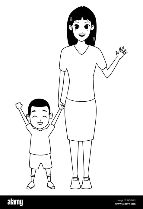 Single mother with children cartoon in black and white Stock Vector ...