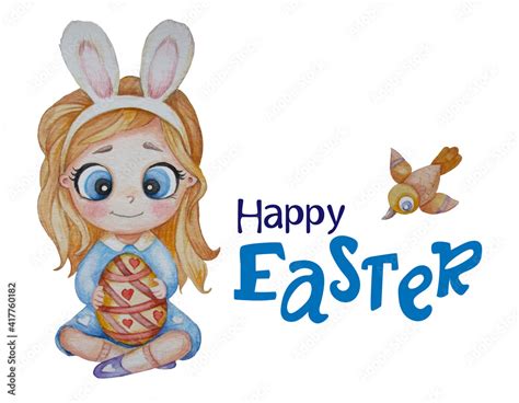 Easter Bunny Woman A Cute Girl In A Blue Dress With Long White Hair