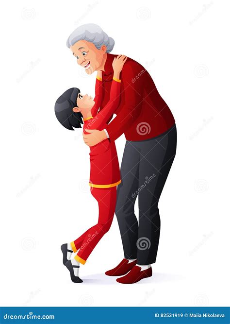 Happy Smiling Grandmother Hugging Granddaughter Cartoon Vector