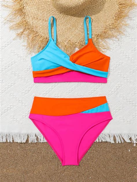 Teen Girls Contrast Color Criss Cross Bikini Swimsuit Set Shein Usa