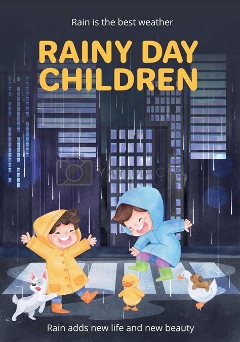 Poster Template With Children Rainy Season Conceptwatercolor Style By