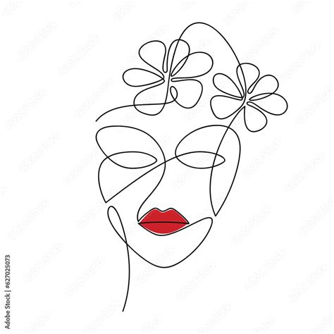 Outline woman face red lips vector. Flower line continuous drawing ...