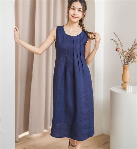 Natural Linen Midi Dress With Decorative Pin Tucks Technique Navy