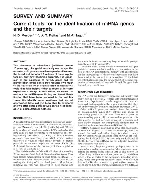 Pdf Survey And Summary Current Tools For The Identification Of Mirna