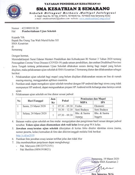 Dapatkan Contoh Surat Pemberitahuan Ujian Sekolah Paling Barupaling