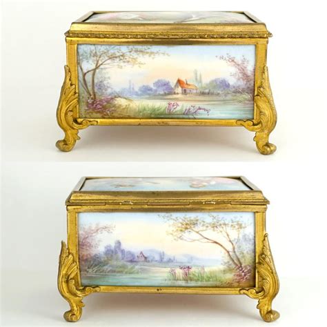 Antique French Gilt Bronze Porcelain Jewelry Box Casket Sevres Style