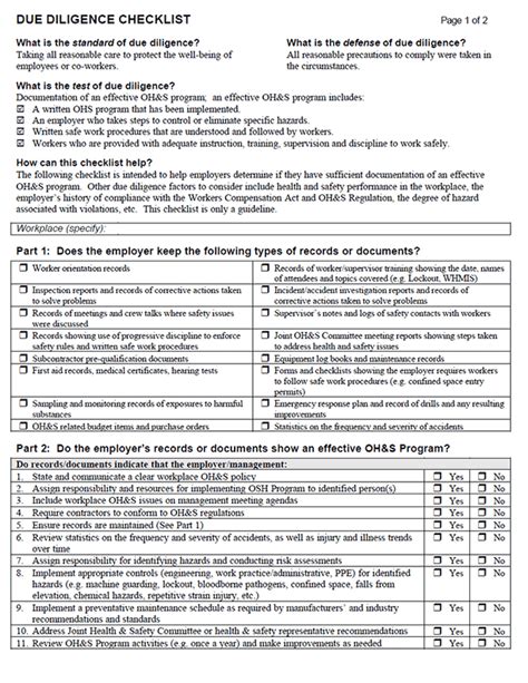 Due Diligence Checklist Go2hr Safety Basics