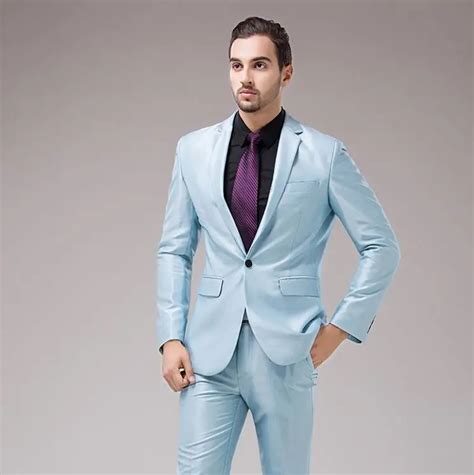 Latest Coat Pant Designs Light Blue Satin Wedding Suits For Men Slim