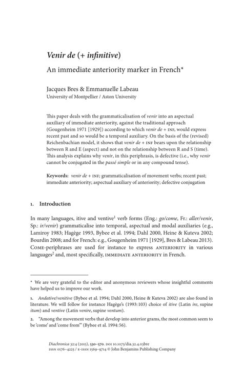 Pdf Venir De Infinitive An Immediate Anteriority Marker In French