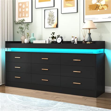 ChVans Black Dresser with LED Light, Modern Wood Dresser with Wide Dra