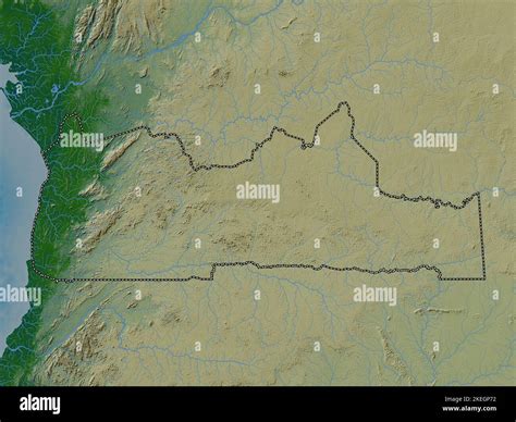 Sud Region Of Cameroon Colored Elevation Map With Lakes And Rivers