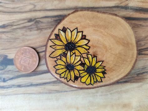 Three Sunflowers Painted Wood Slice Wood Burned Pyrography Etsy