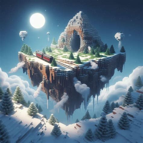 Create a snowy floating island in the sky with a minecart going into a ...