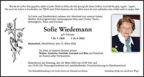 Traueranzeigen Von Sofie Wiedemann Augsburger Allgemeine Zeitung