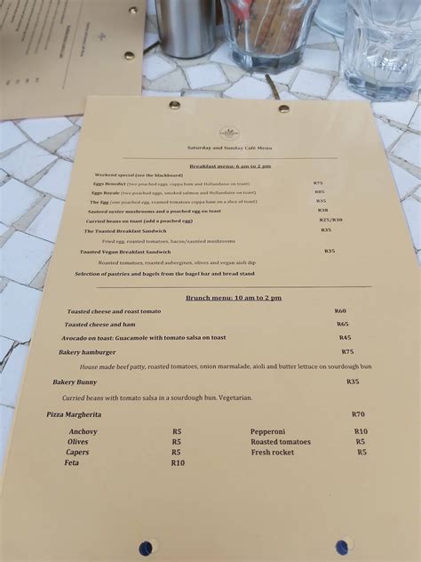 Menu At The Glenwood Bakery Durban