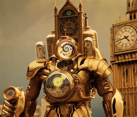 A Golden Robot Standing In Front Of The Big Ben Clock Tower With His