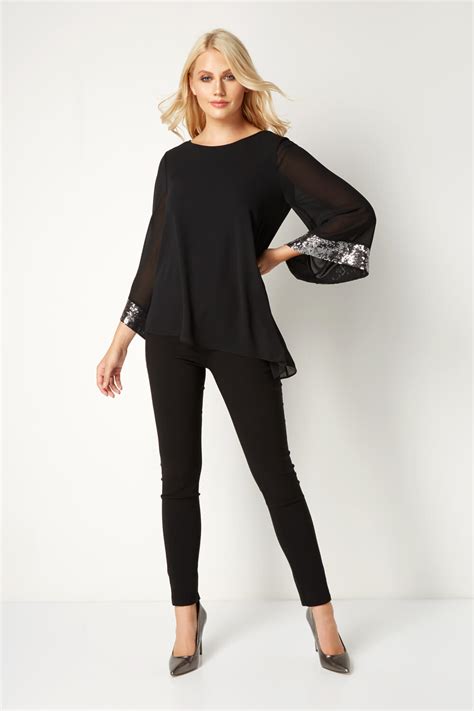 Asymmetric Sequin Cuff Chiffon Top In Black Roman Originals Uk