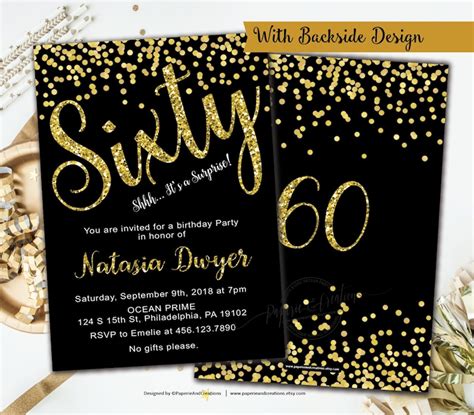 60th Birthday Invitations Gold And Black Party Gold Etsy