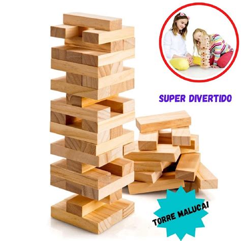 Jogo Torre Maluca Tipo Caiu Perdeu De Madeira Jenga 54 Pçs Submarino