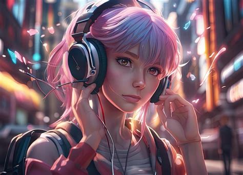 Premium AI Image | Anime girl listening to music with headphones