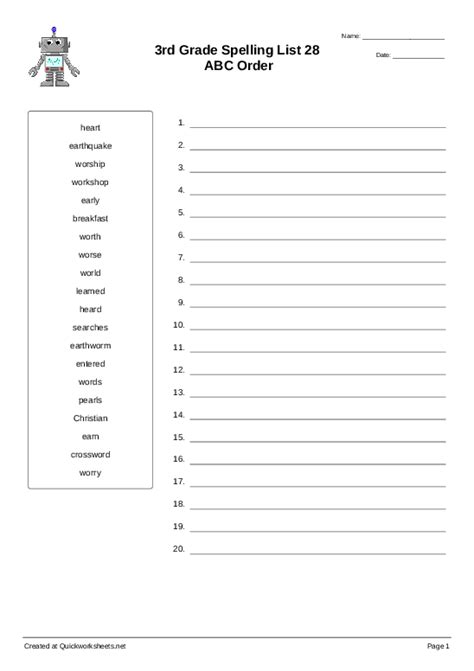 3rd Grade Spelling List 28 Abc Order Sort Into Order Worksheet Quickworksheets