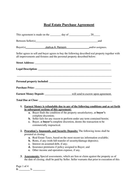 Free Printable Real Estate Purchase Agreement Templates Word Pdf